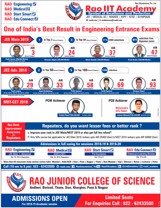 Advertisement of Rao IIT Academy in Mumbai Mirror 
